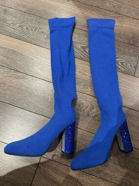 Rene Caovilla Cobalt Blue Over-the-Knee Sock Boots with Sparkle Block Heels